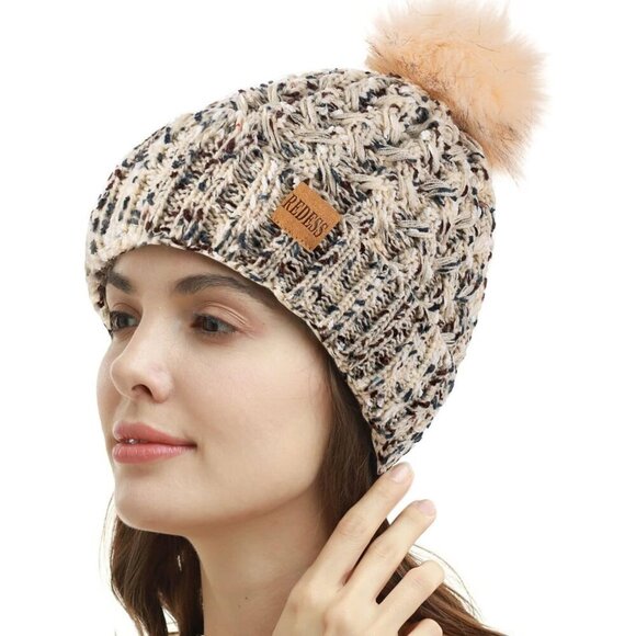 ✨ Redess Pompom Beanie Women Cream Fleece Warm Thick Slouchy Snow Ladies Hats - Picture 1 of 4